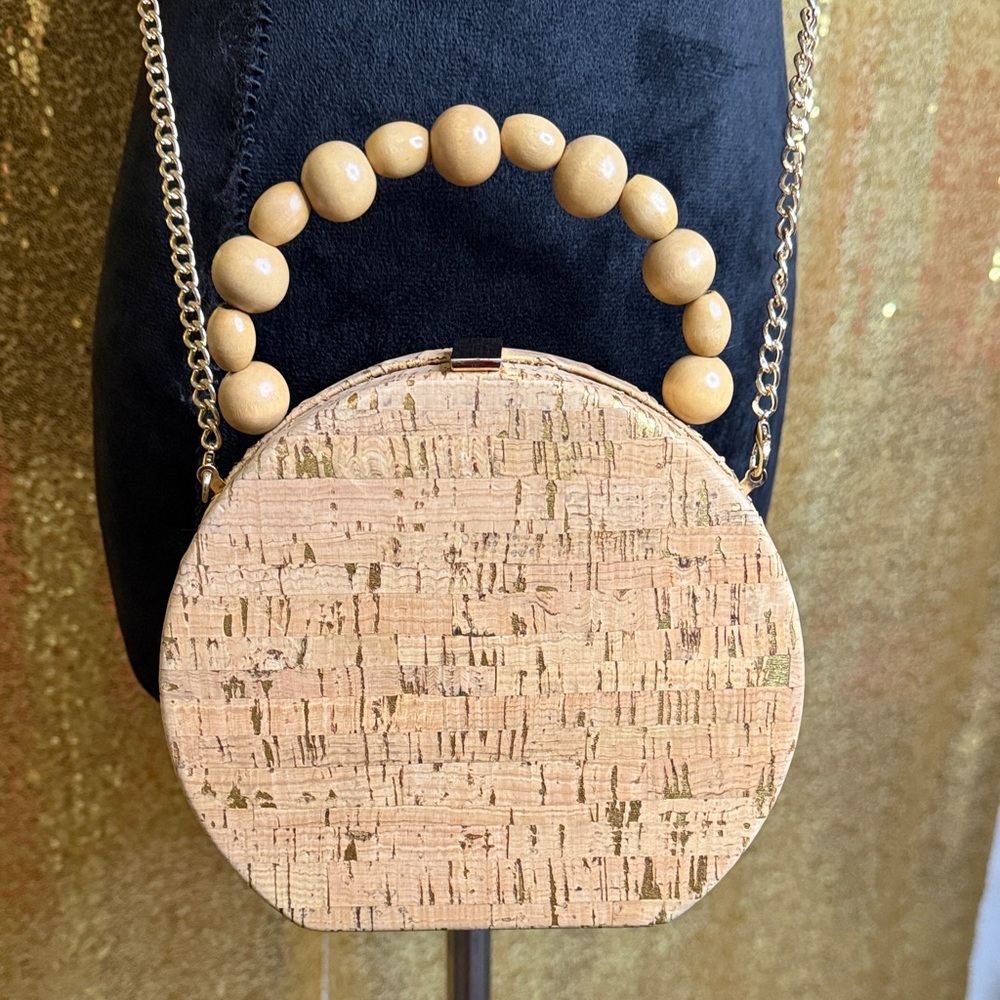 Tan Round Cork Crossbody with a wooden beaded top handle and gold tone chain - Picture 2 of 9